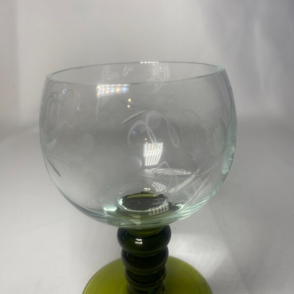 4 Vtg German Roemer Olive Green Wine Cordial Glass Etched Grape Vine Ball EUC - Picture 4 of 10